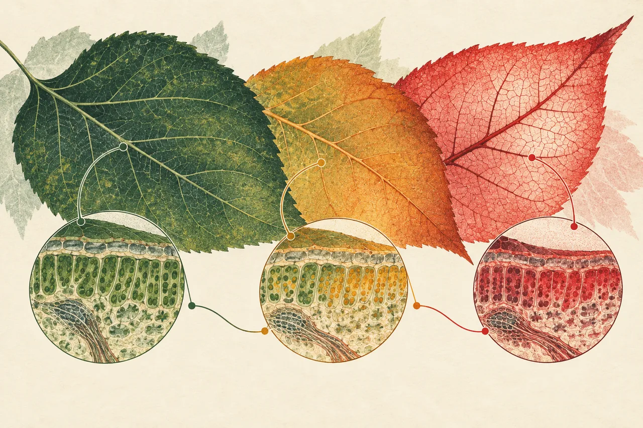 Ilustração de folhas verde, amarela e vermelha mostrando a mudança de pigmentos
