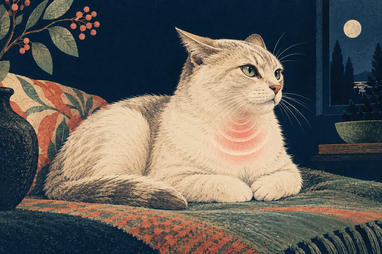 Ilustração de um gato e ondas sonoras junto à região da laringe
