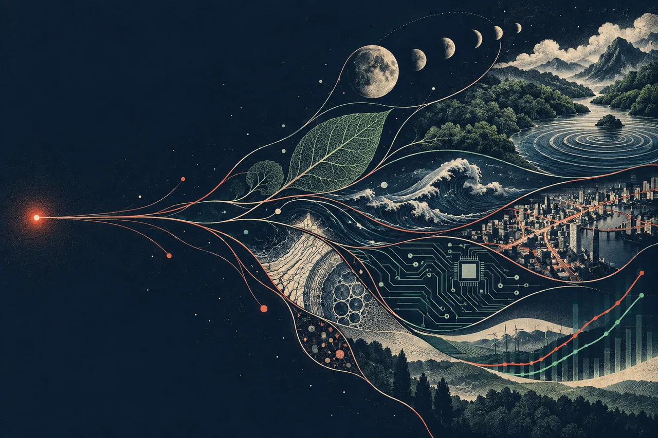 Linhas de causa e efeito ligam órbita, natureza, cidade e tecnologia