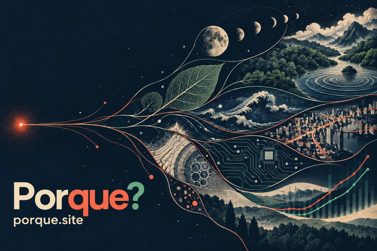 Mapa de causas entre universo, natureza, cidade e tecnologia, assinado Porque? e porque.site