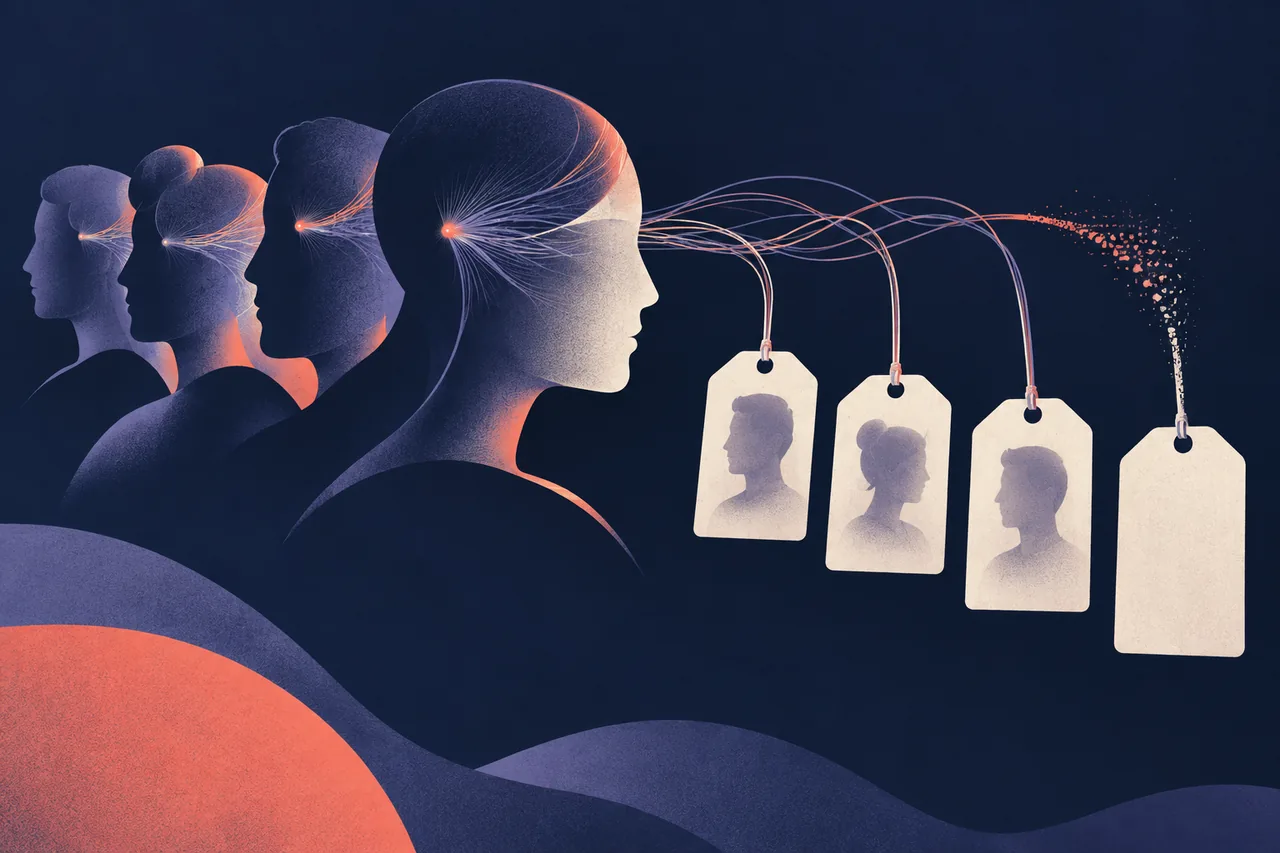 Ilustração conceitual de rostos reconhecidos e da dificuldade de ligar cada um ao nome