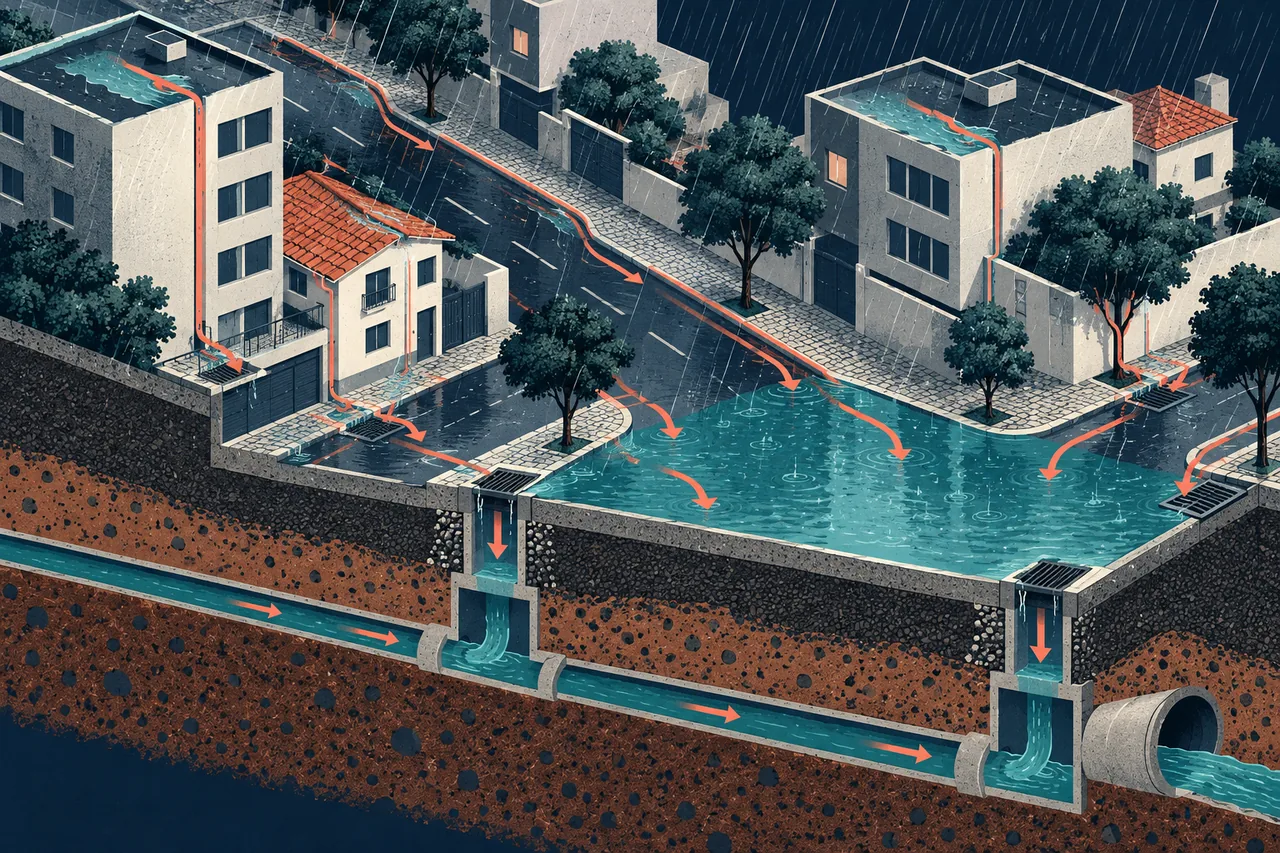 Ilustração de água da chuva descendo telhados e pavimento até uma rua baixa